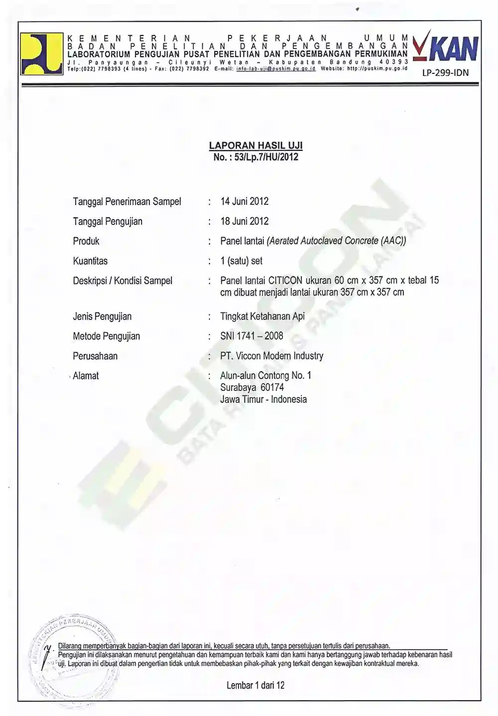 sertifikat dan tes uji panel lantai citicon